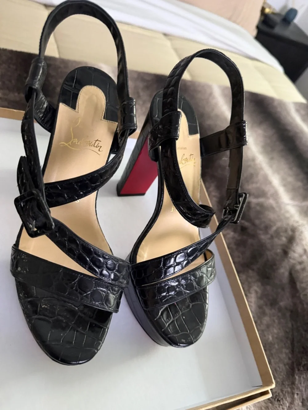 Christian Louboutin Black Croc-Embossed Leather Strappy Heels with Red Sole - Picture 4 of 4